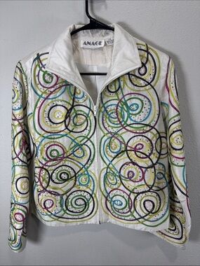 Anage White Zip-Front Jacket with Multicolor Swirl‎ Embroidery